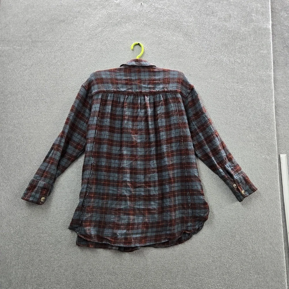 Free People Women Button‎ Up M Blue Wool Blend Plaid Flannel All About The Feel